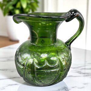 Vtg Clevenger Bros Green Glass Pitcher Jug Stars Shield South Jersey Glass Blown